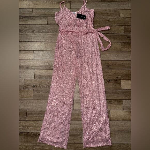 NEW FASHION NOVA Can't Hide The Shine Sequin PINK Jumpsuit SZ L - Picture 4 of 13